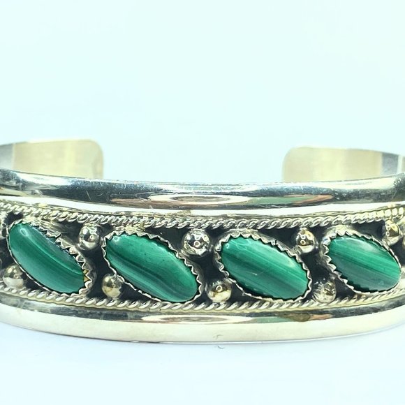 Navajo Sterling silver natural Malachite Gemstone stone rope border cuff bangle